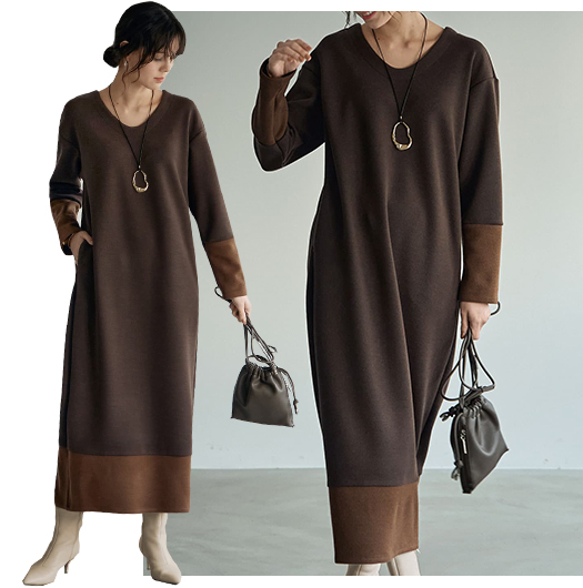 COLOR MATCHING U NECK DRESS