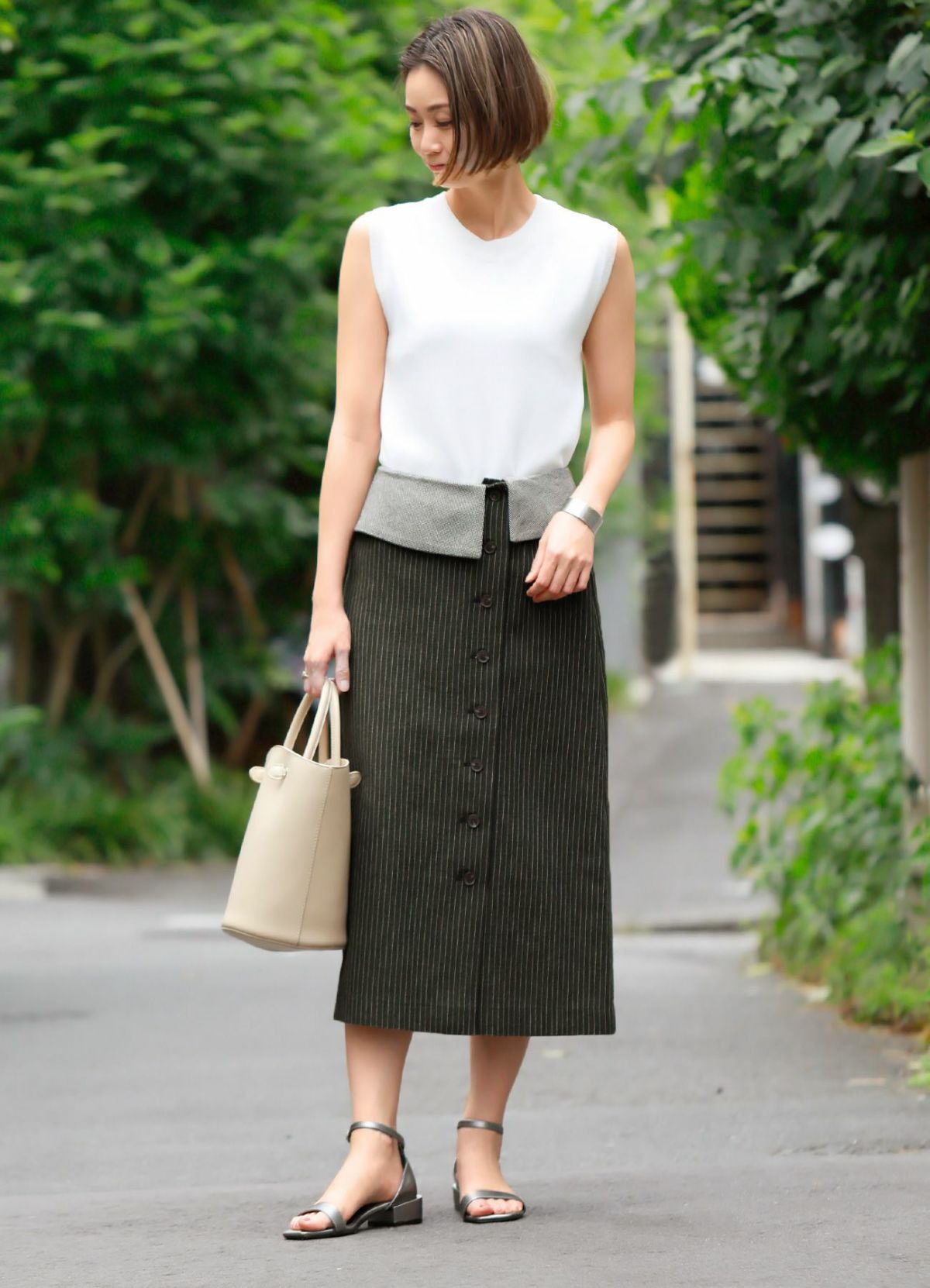 柄切替ウエスト折り返しデザインスカート【OUTLET】