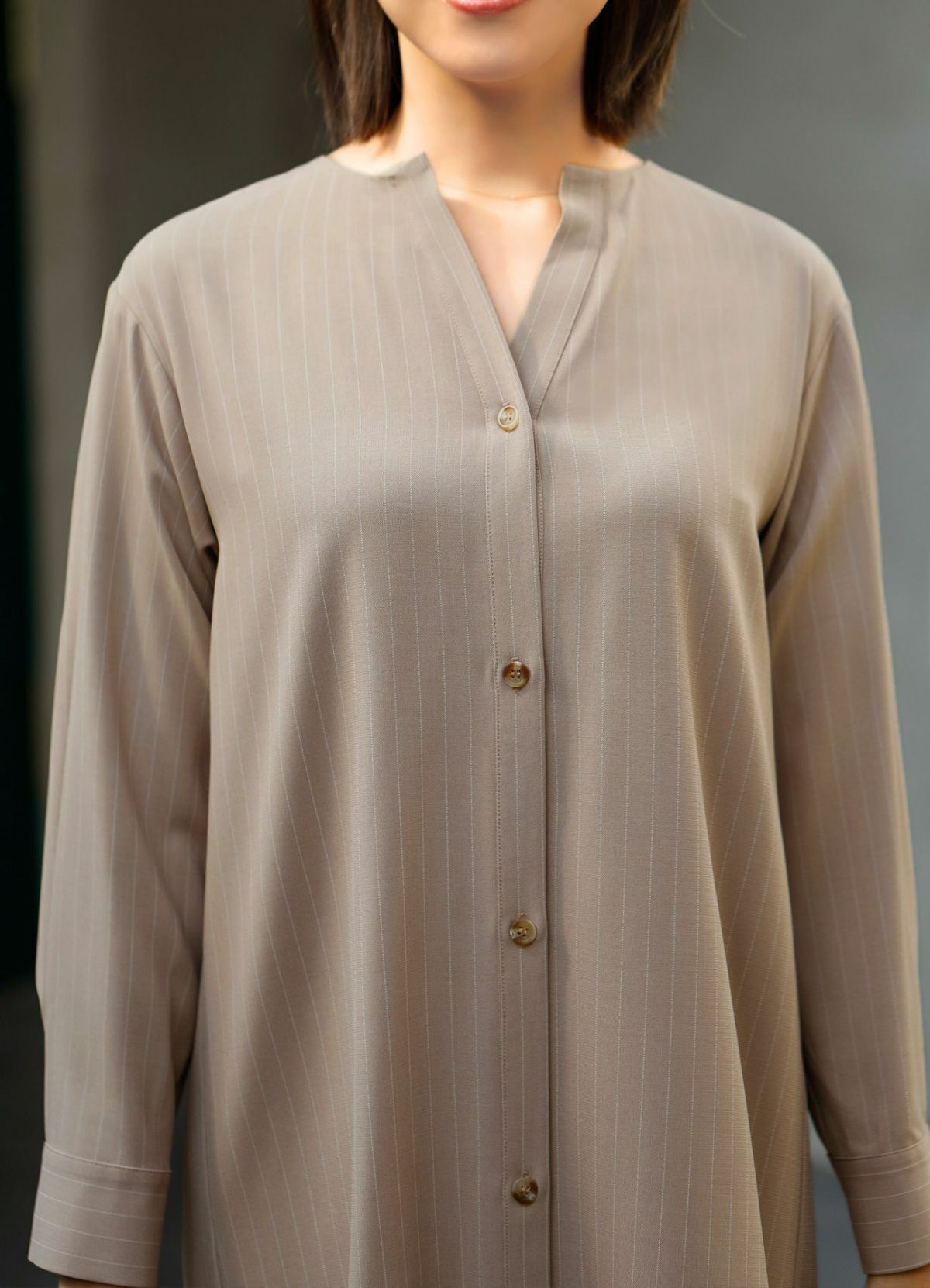 【LUXE】背面プリーツ◆ストライプ柄シャツワンピースB【OUTLET】