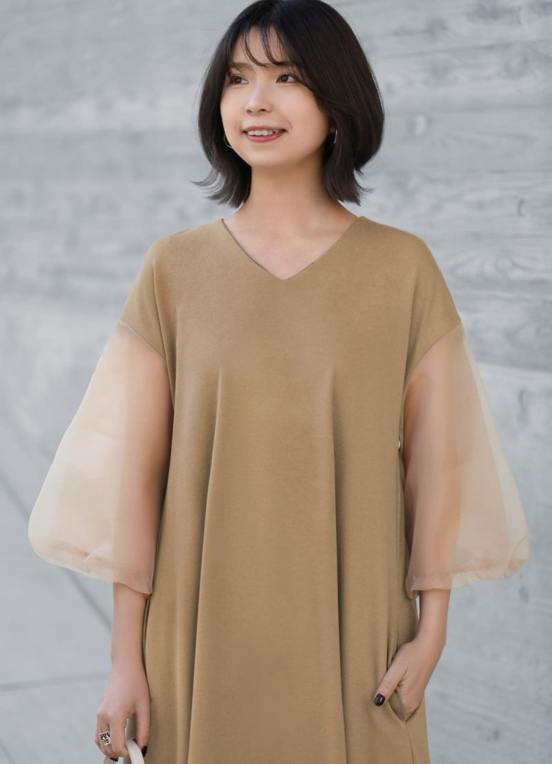 オーガンジースリーブAラインワンピース【OUTLET】