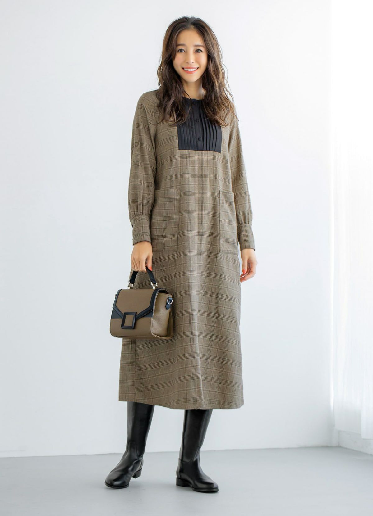 【LUXE】グレンチェック柄プリーツ切替ワンピース