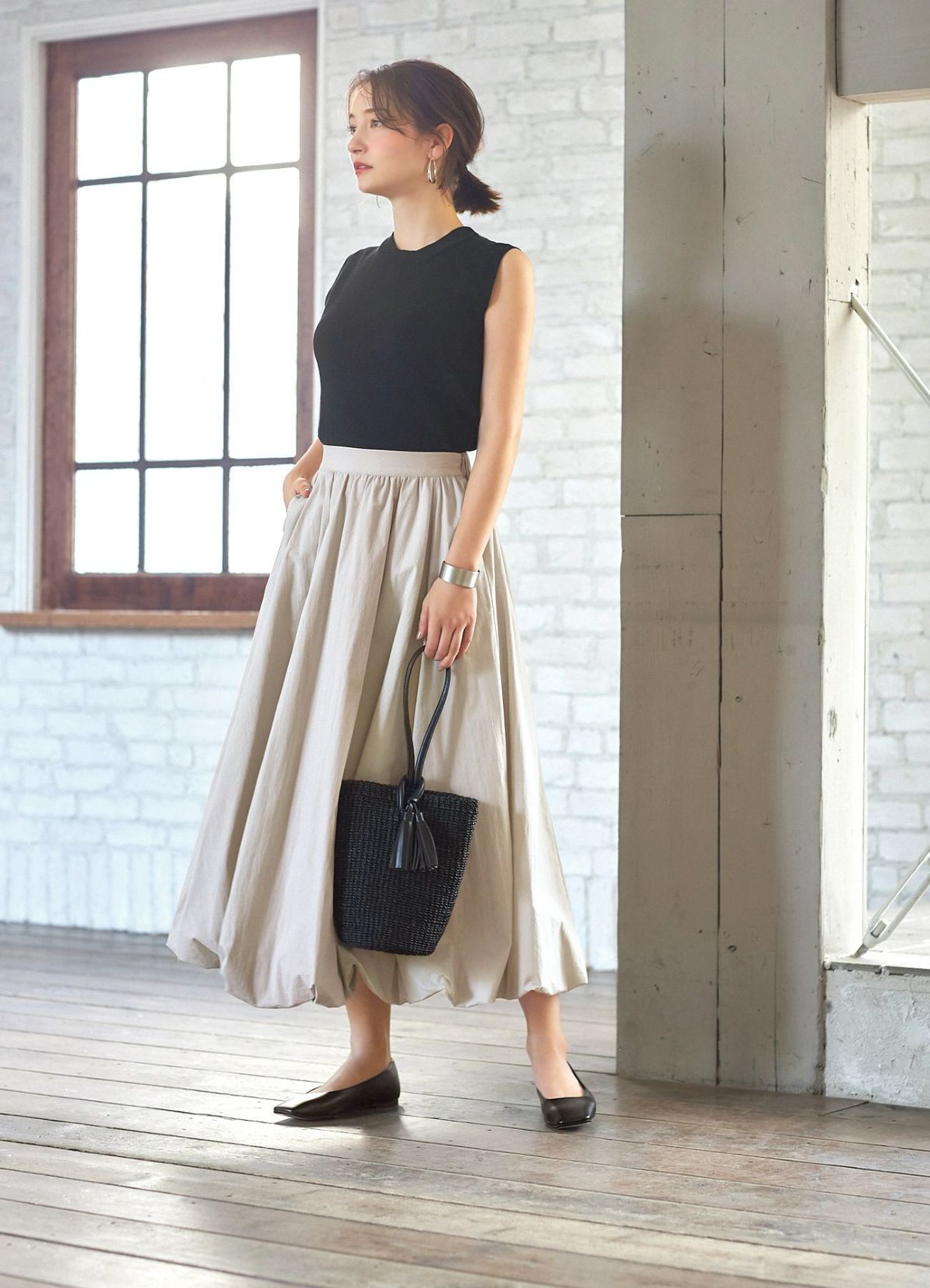 【Made in JAPAN】スクエアトゥフラットパンプス／スムースBK