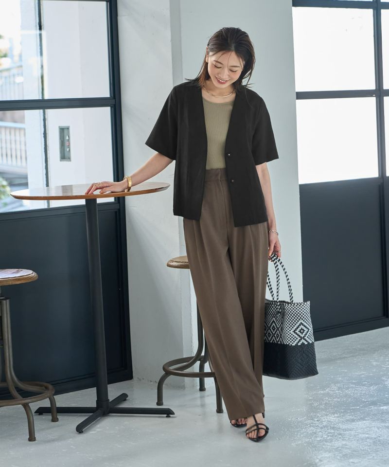 綿麻ノーカラー半袖ジャケット | おしゃれな大人レディース