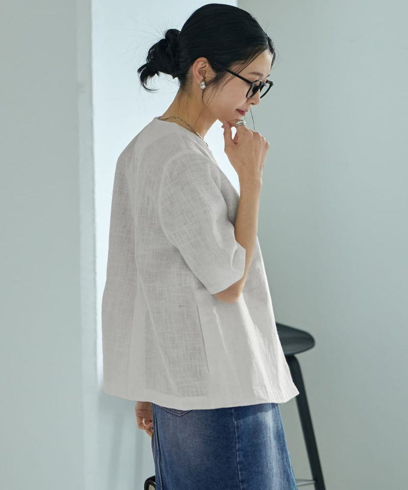 綿麻ノーカラー半袖ジャケット | おしゃれな大人レディース