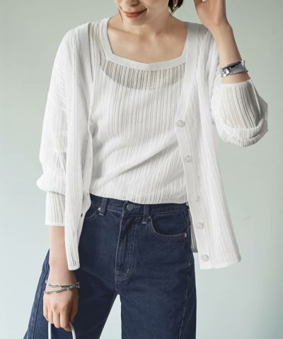 【美品】MISSONI 五分袖ニットカーディガン シアー ラメ 40 ホワイト OUTLET】シアー編みラメカーディガン | おしゃれな大人