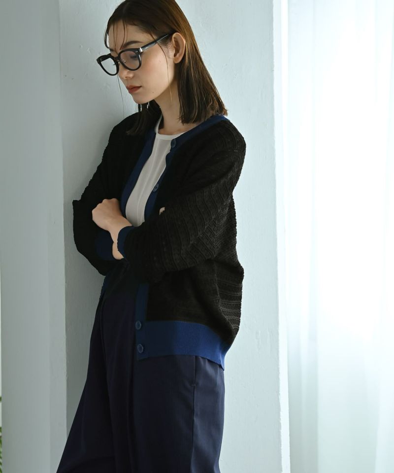 BLK001】透かし編みバイカラー半袖カーディガン | おしゃれな大人