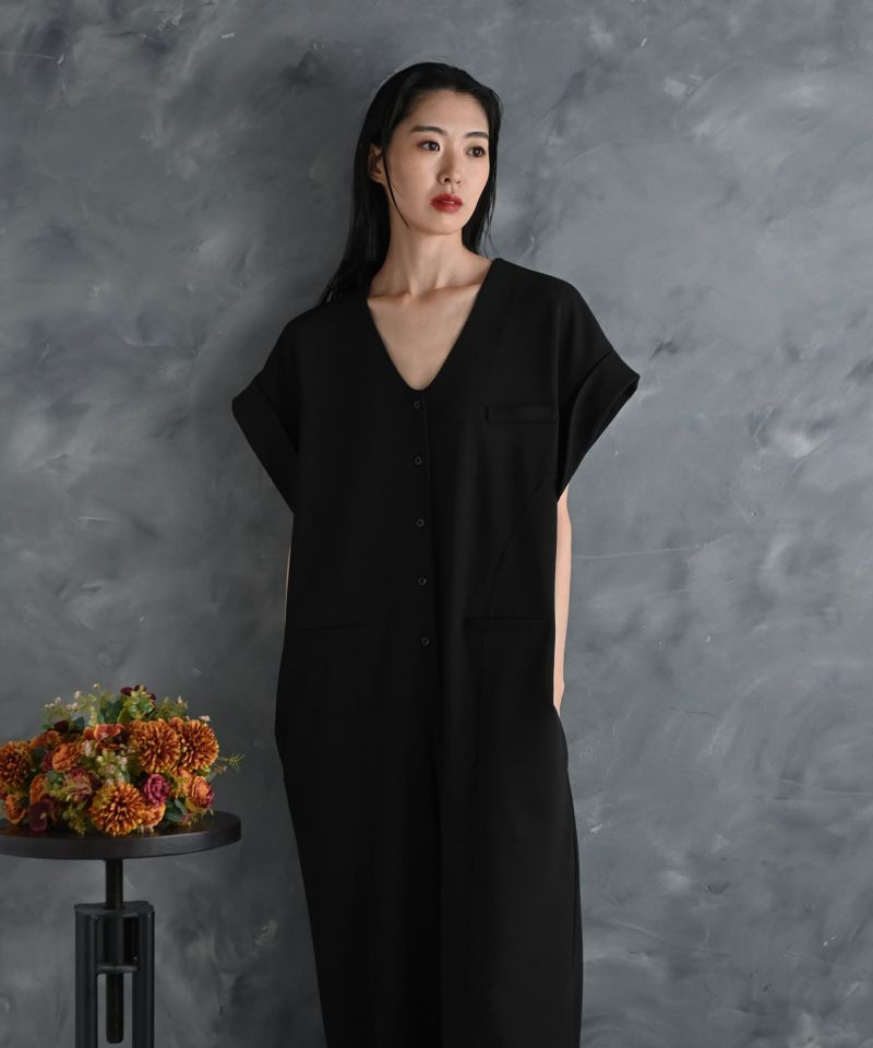 ブラックVネックオールインワン SINME Vネックオールインワン ブラック | 1F Store
