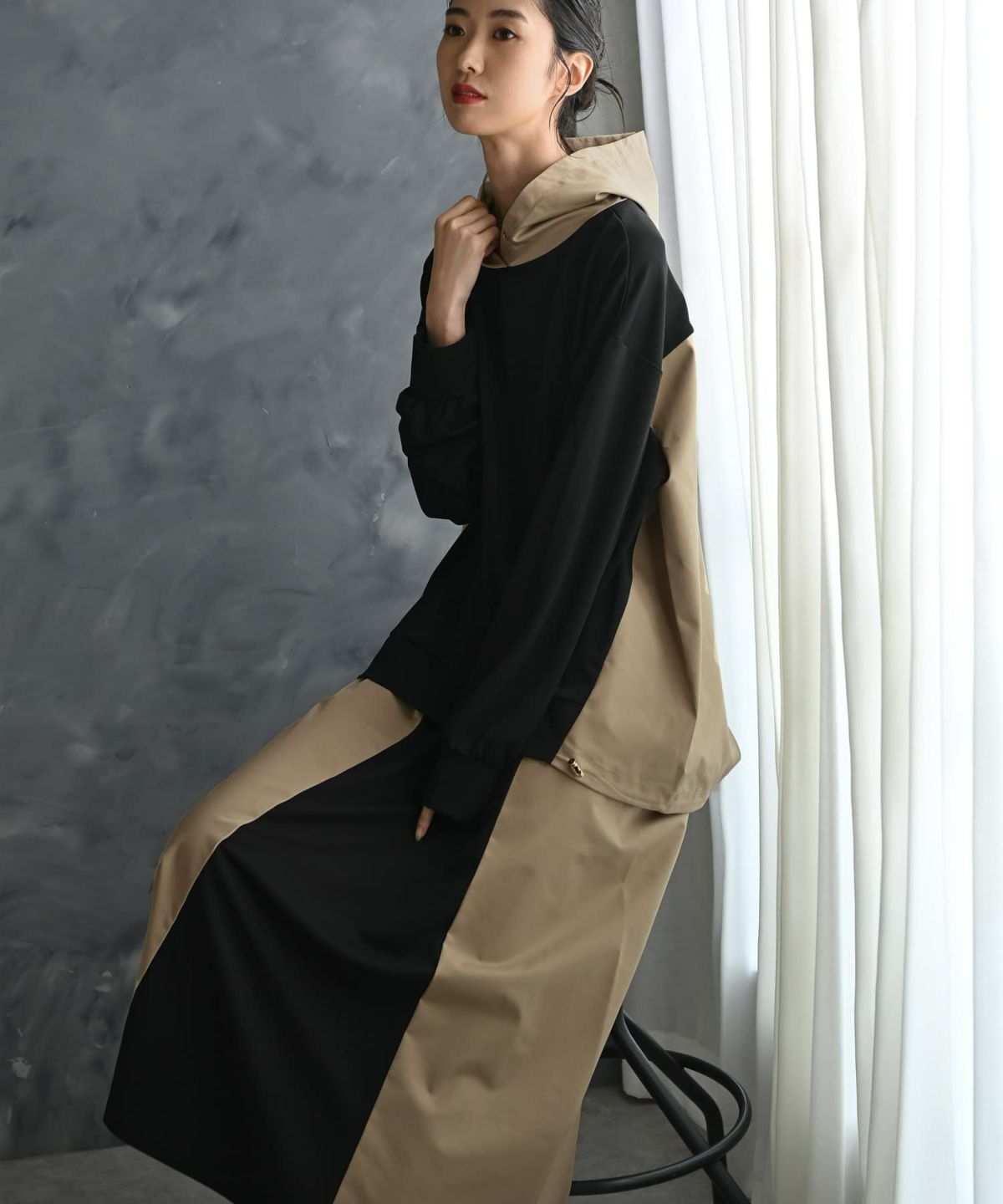 着用イメージ 175cm ブラック×ベージュ
