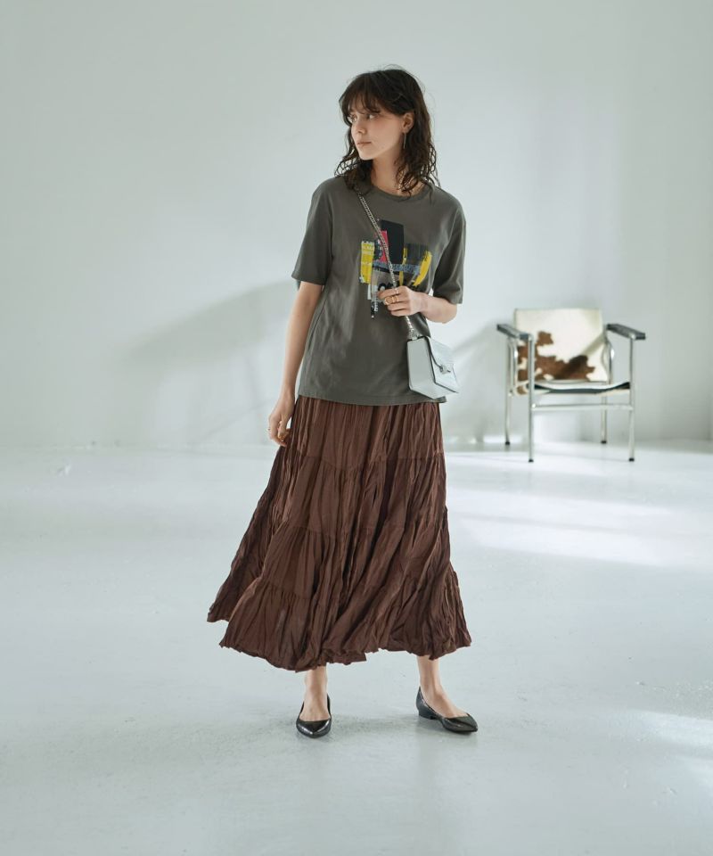 ティアードスカートコーデセット レディース服まとめ売り コーデ売り カジュアル ドローストシャツ×ティアードスカートセットアップ（灰）春/夏