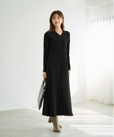 リブ編みVネックロングワンピース | おしゃれな大人レディース
