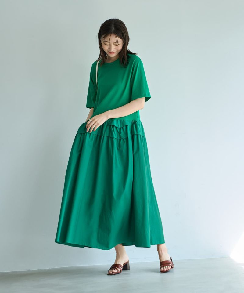 Made in JAPAN】生地コンビボリュームスカート半袖ワンピース