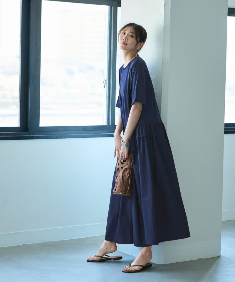 Made in JAPAN】生地コンビボリュームスカート半袖ワンピース 