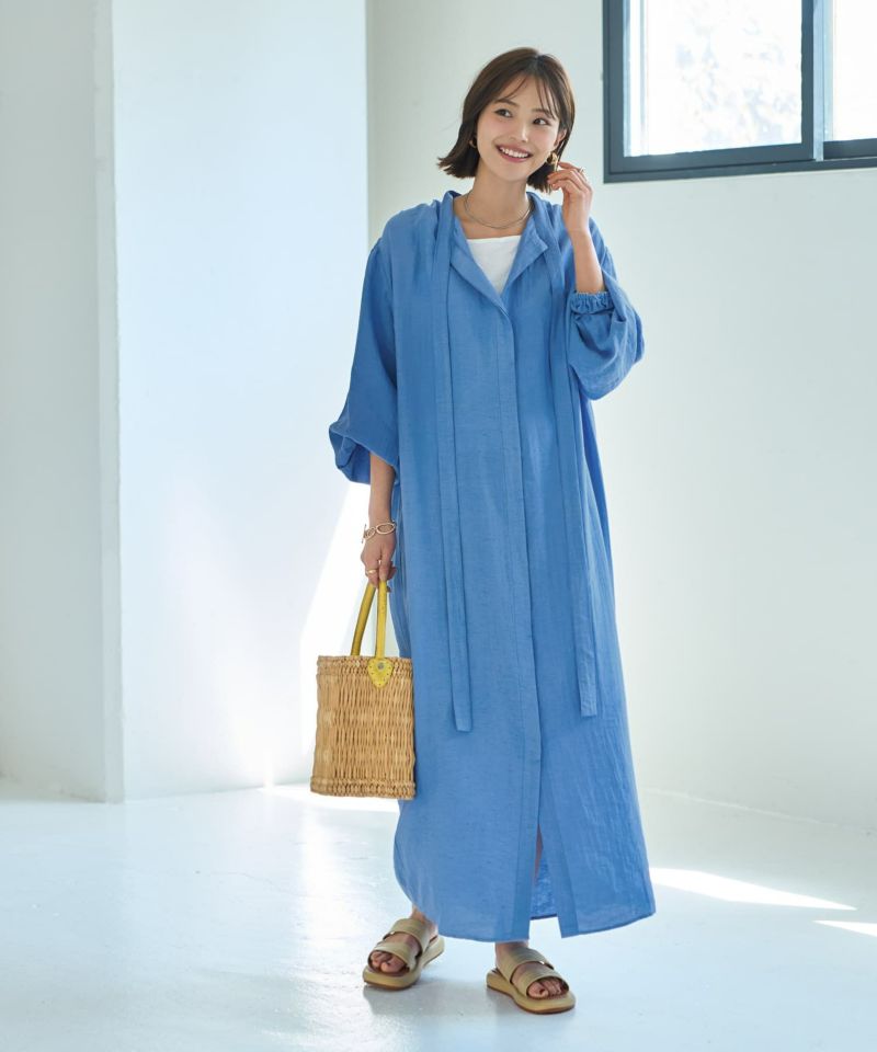 綿麻混紡ロングボウタイギャザーワンピース | おしゃれな大人