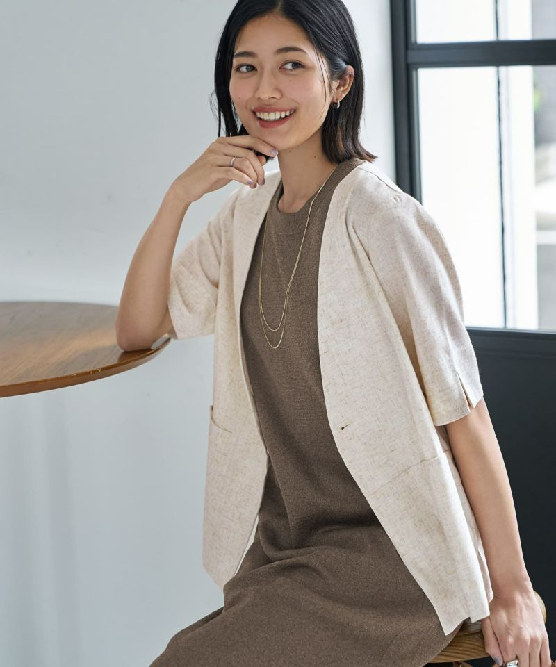 綿麻ノーカラー5分袖ジャケット | おしゃれな大人レディース
