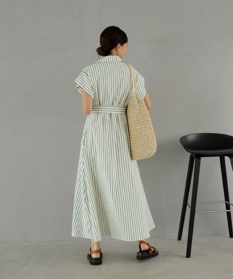 LUXE】洗いコットンの半袖ストライプ柄シャツワンピース