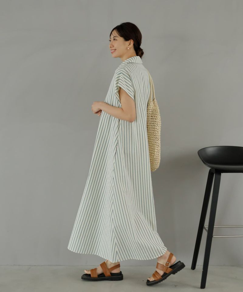 LUXE】洗いコットンの半袖ストライプ柄シャツワンピース