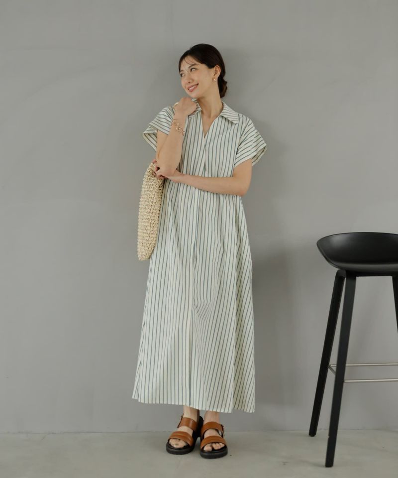 オレボルプラ ストライプ 半袖ワンピース LUXE】洗いコットンの半袖ストライプ柄シャツワンピース
