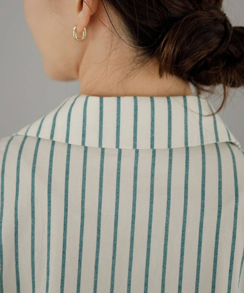 LUXE】洗いコットンの半袖ストライプ柄シャツワンピース