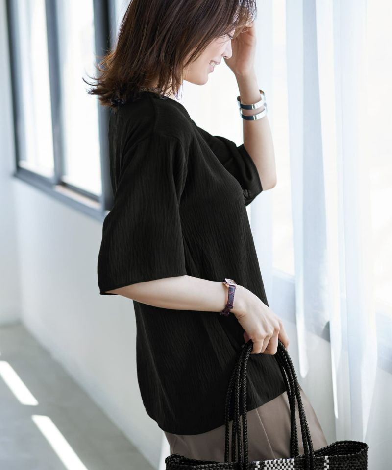 tシャツ 格子楊柳ロゴTブラウス レディース 微シアー楊柳VネックTシャツ型ブラウス | おしゃれな大人