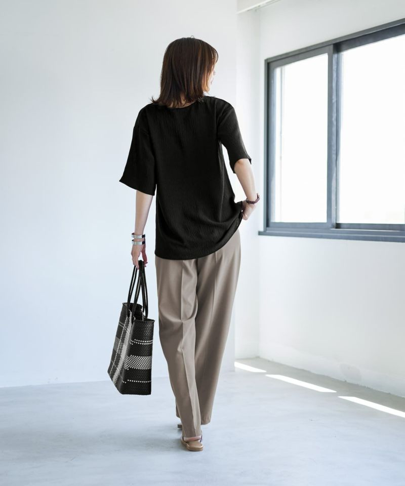 tシャツ 格子楊柳ロゴTブラウス レディース 微シアー楊柳VネックTシャツ型ブラウス | おしゃれな大人