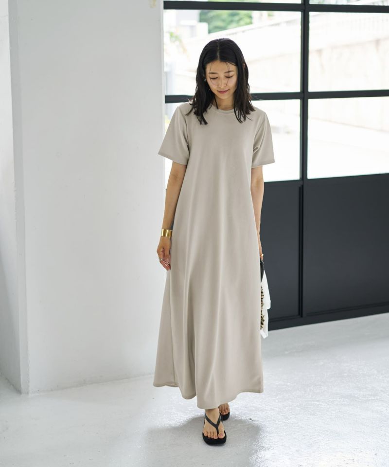 MassimoDutti｜リネン半袖ミディワンピース涼感×お洒落デザイン 凹凸柄感カットソー生地の半袖ワンピース | おしゃれな大人