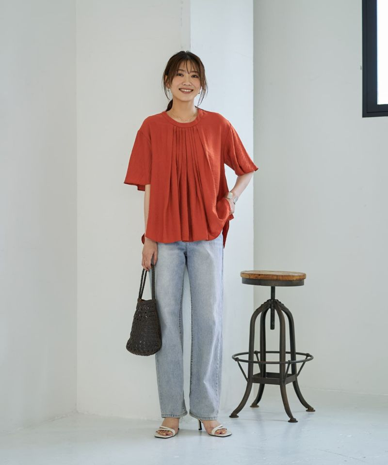 tシャツ 「LUXE」シボ生地プリーツタック５分袖ブラウス レディース LUXE】シボ生地プリーツタック5分袖ブラウス | おしゃれな大人