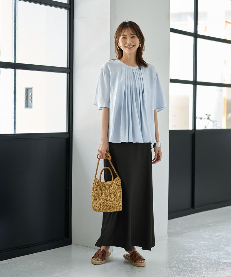 スタイルデリ STYLE DELI 【LUXE】シボ生地プリーツタック5分袖ブラウス （シアーブルー） LUXE】シボ生地プリーツタック5分袖ブラウス | おしゃれな大人