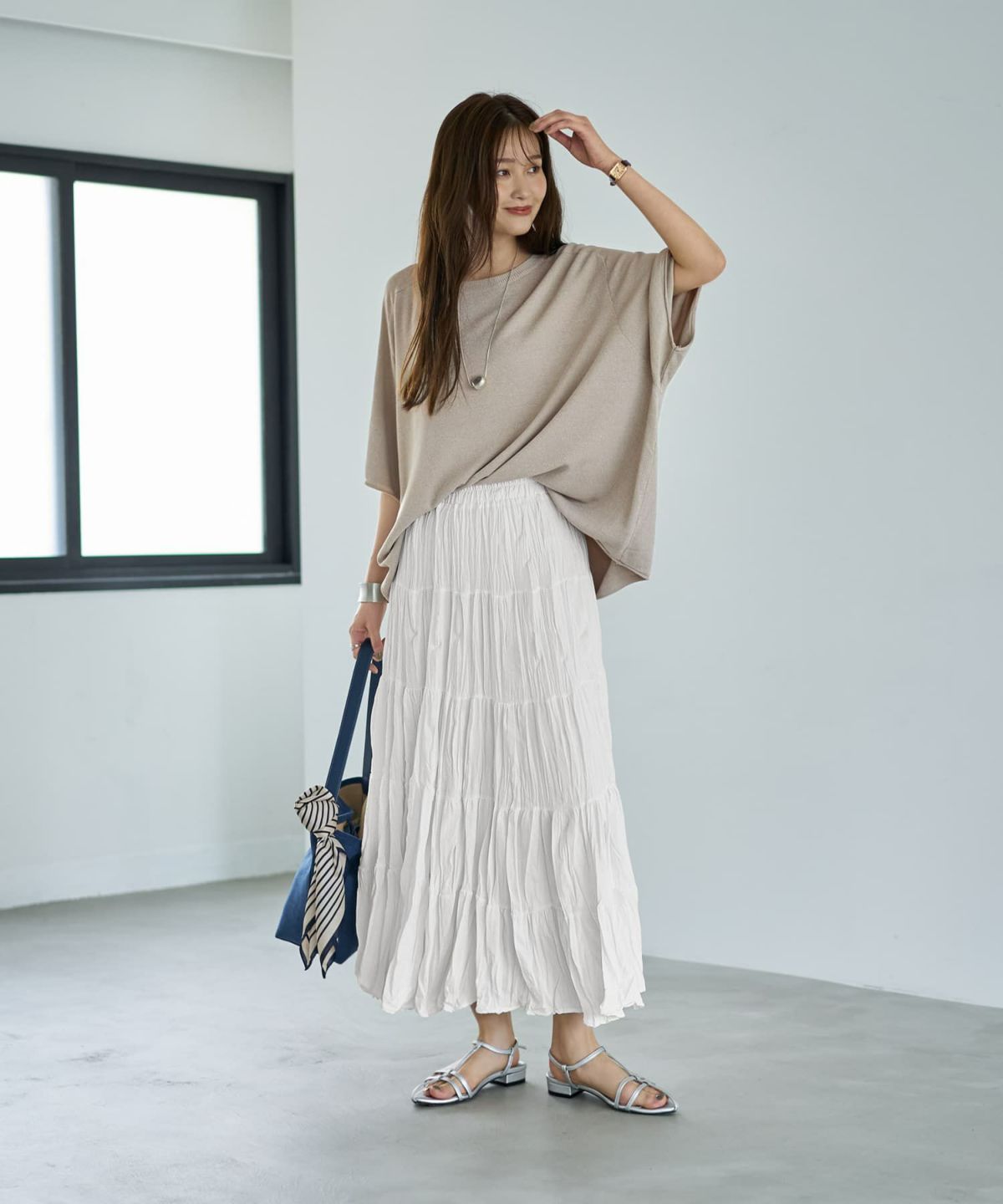 着用イメージ 166cm サンドベージュ×アイボリー
