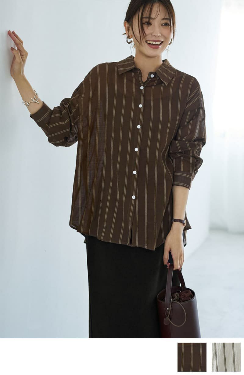 微シアー加工ストライプ柄シャツ