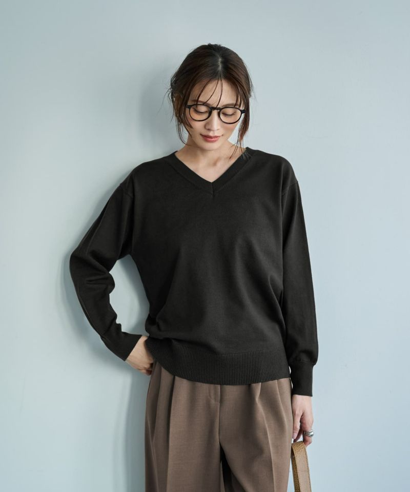 とも　Ｖネック　ブラック ☆アンチピリングVネックニットトップスB | おしゃれな大人レディース