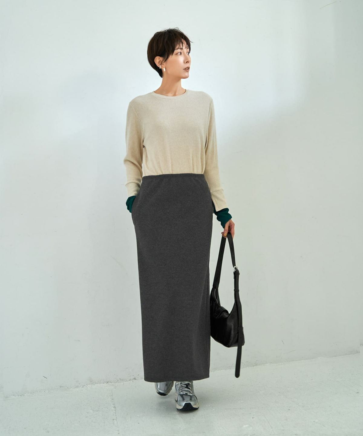 着用イメージ 167cm ライトベージュ×グリーン