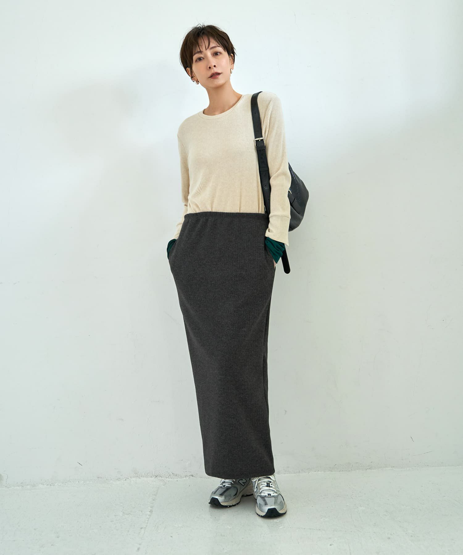 着用イメージ 167cm ライトベージュ×グリーン
