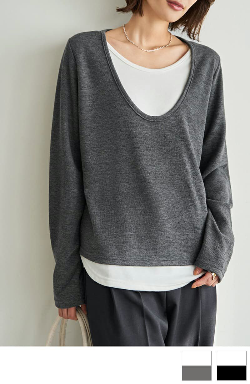 トップス u レイヤードUネックカットソートップス | おしゃれな大人レディース